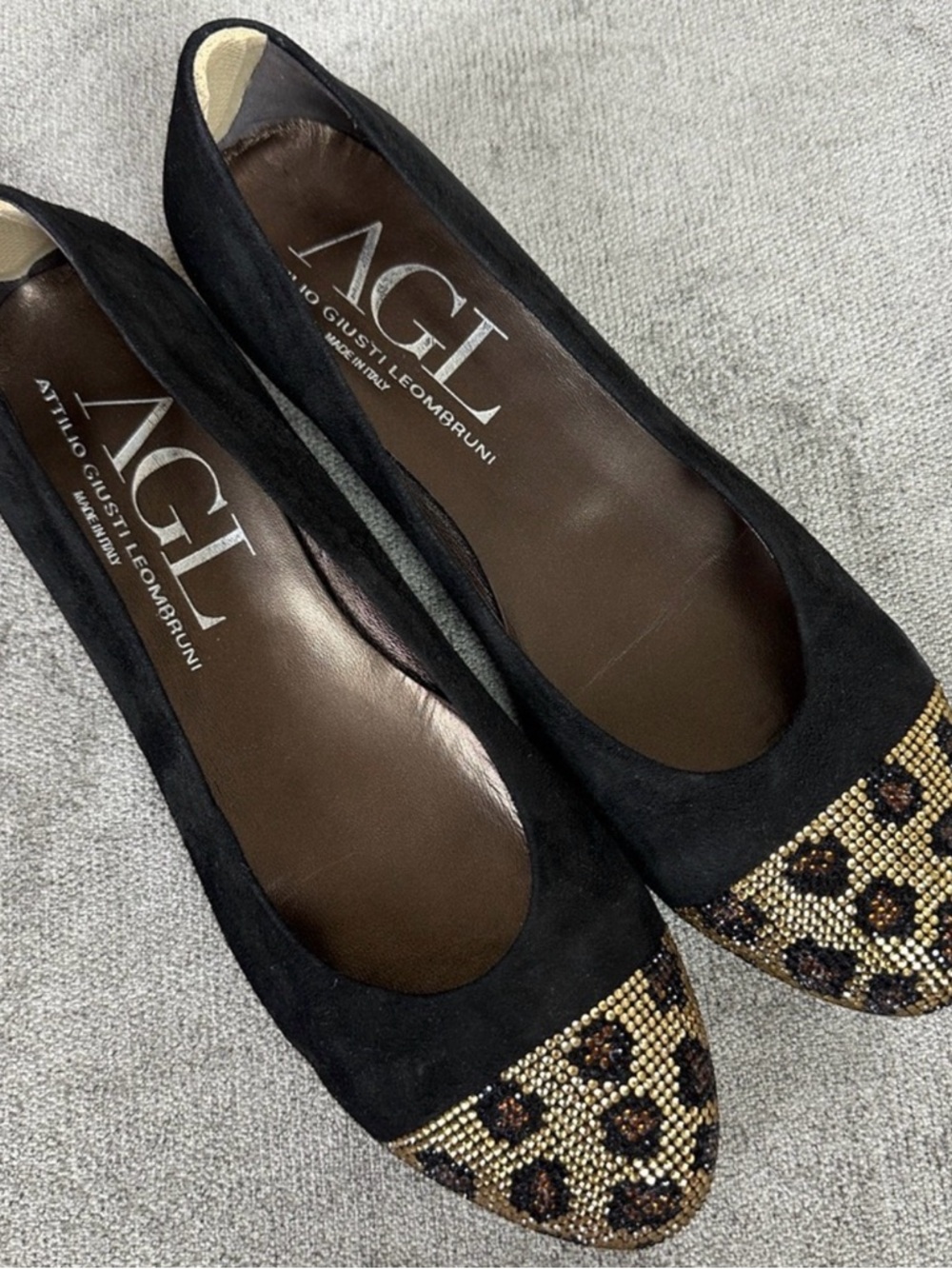AGL Black Suede Leopard Crystal Studded Cap Toe Ballet Flats Size 38.5